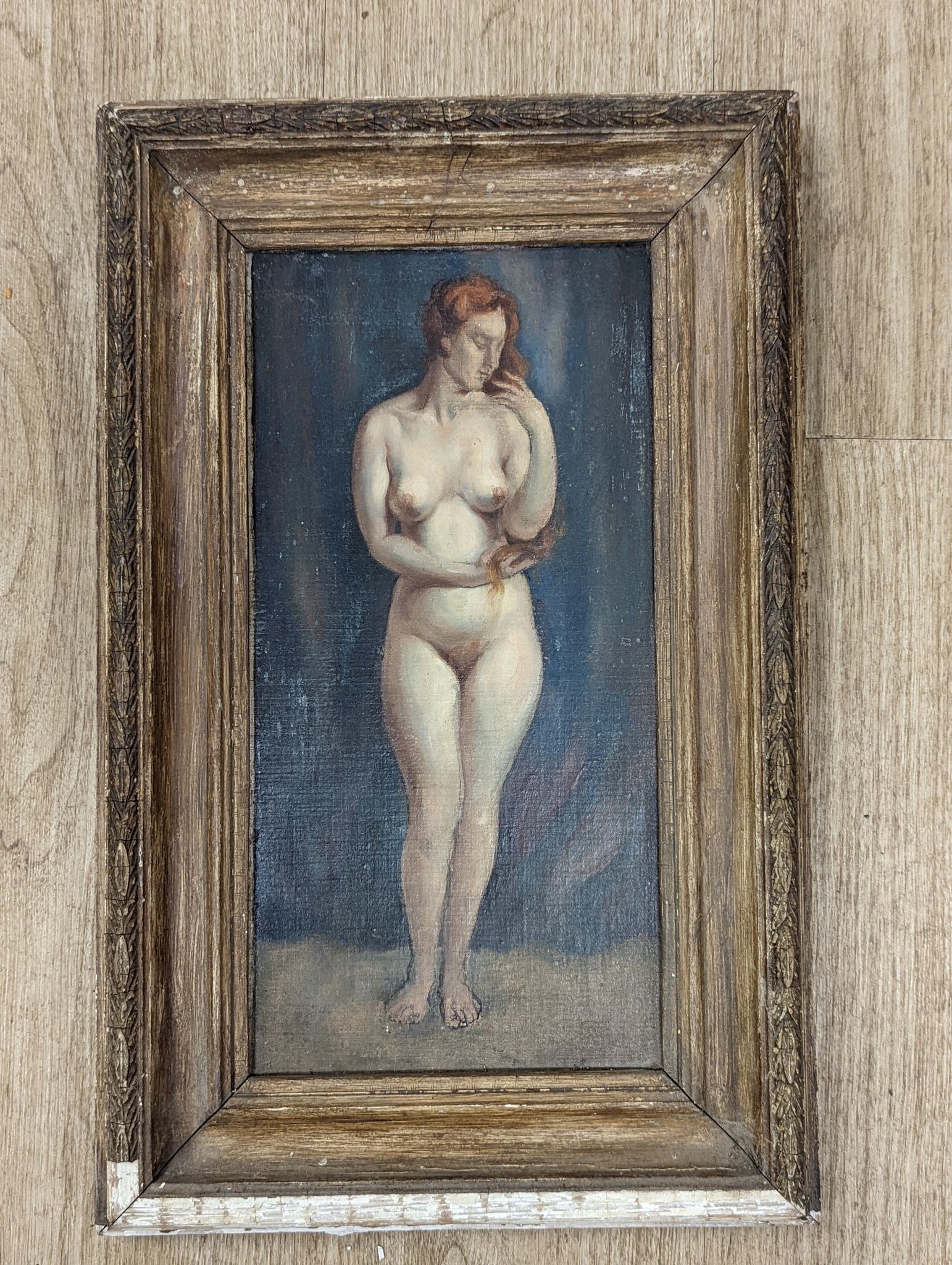 English School, circa 1910, oil on canvas board, Standing female nude, 37 x 18cm